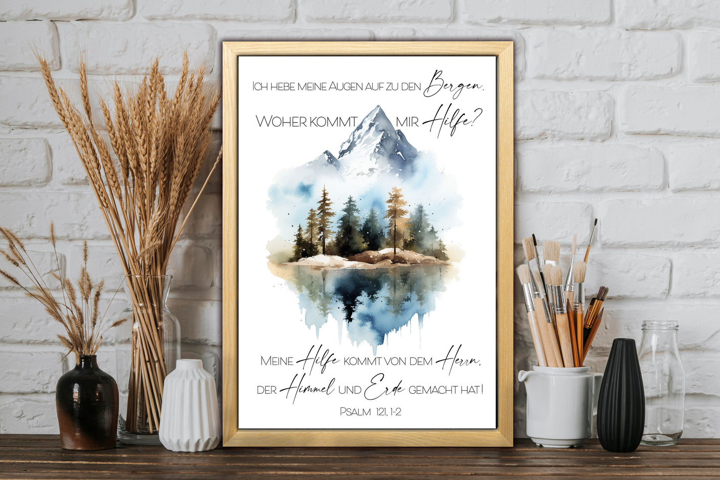 Christliches Poster „Ich hebe meine Augen auf zu den Bergen - Psalm 121“ christliche Geschenkidee Bibel - Kunstdruck DIN A3 mit Rahmen