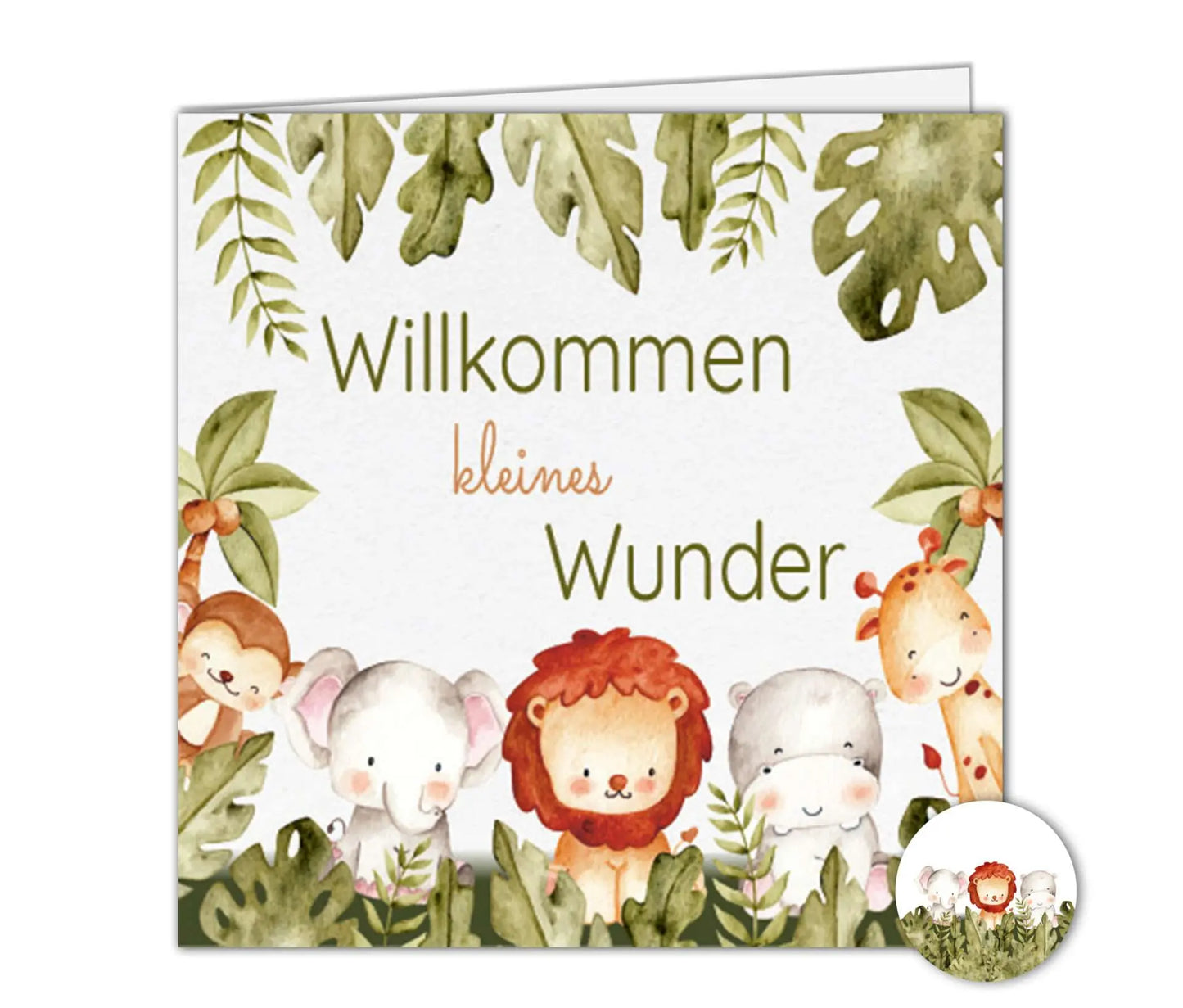 3 quadratische Baby Glückwunschkarten zur Geburt mit passenden Kraftpapier Briefumschlägen – watercolor Zootiere. „Willkommen kleines Wunder“ Gratulation, neutral für Mädchen und Jungen. hoffnungsart