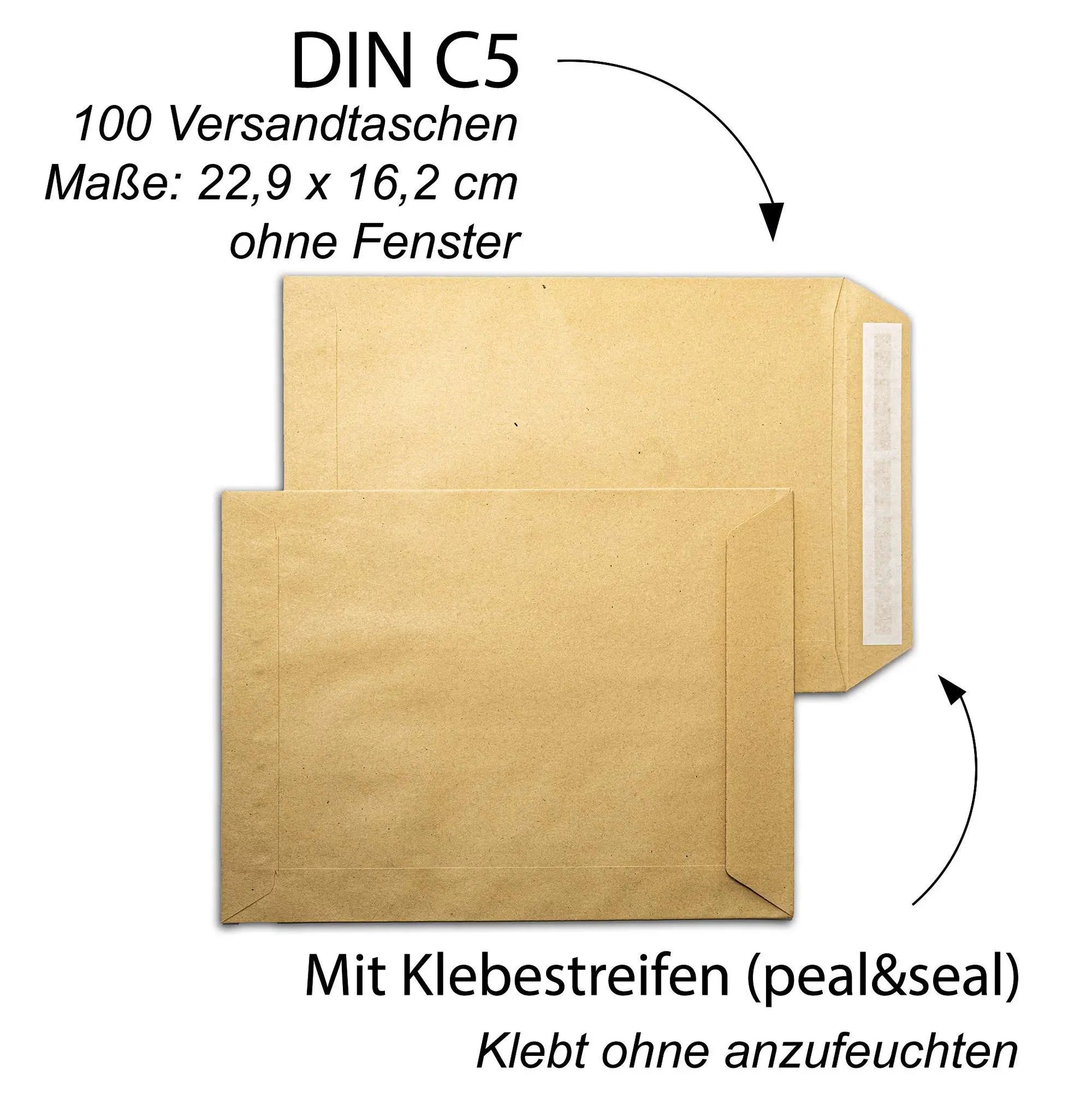 100x Versandtaschen C5 braun peal&seal Klebestreifen ohne Fenster 229x162mm 90g/m2 hoffnungsart