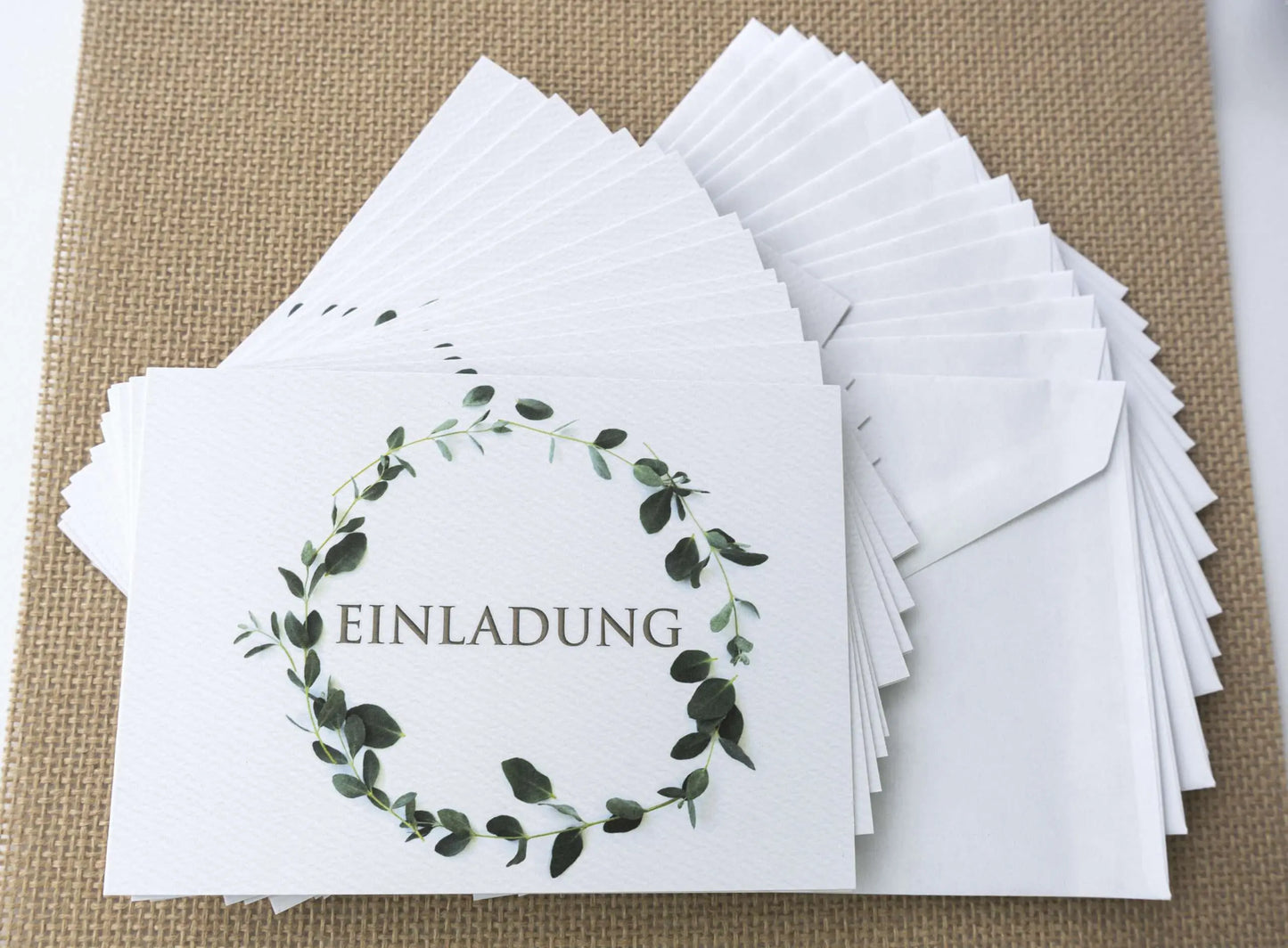 15 Einladungskarten & 15 Umschläge & 15 Sticker – Klappkarten SET "Eukalyptus" hoffnungsart