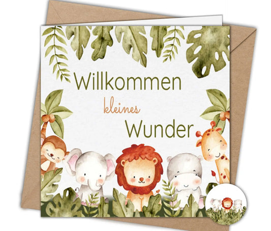 3 quadratische Baby Glückwunschkarten zur Geburt mit passenden Kraftpapier Briefumschlägen – watercolor Zootiere. „Willkommen kleines Wunder“ Gratulation, neutral für Mädchen und Jungen. hoffnungsart