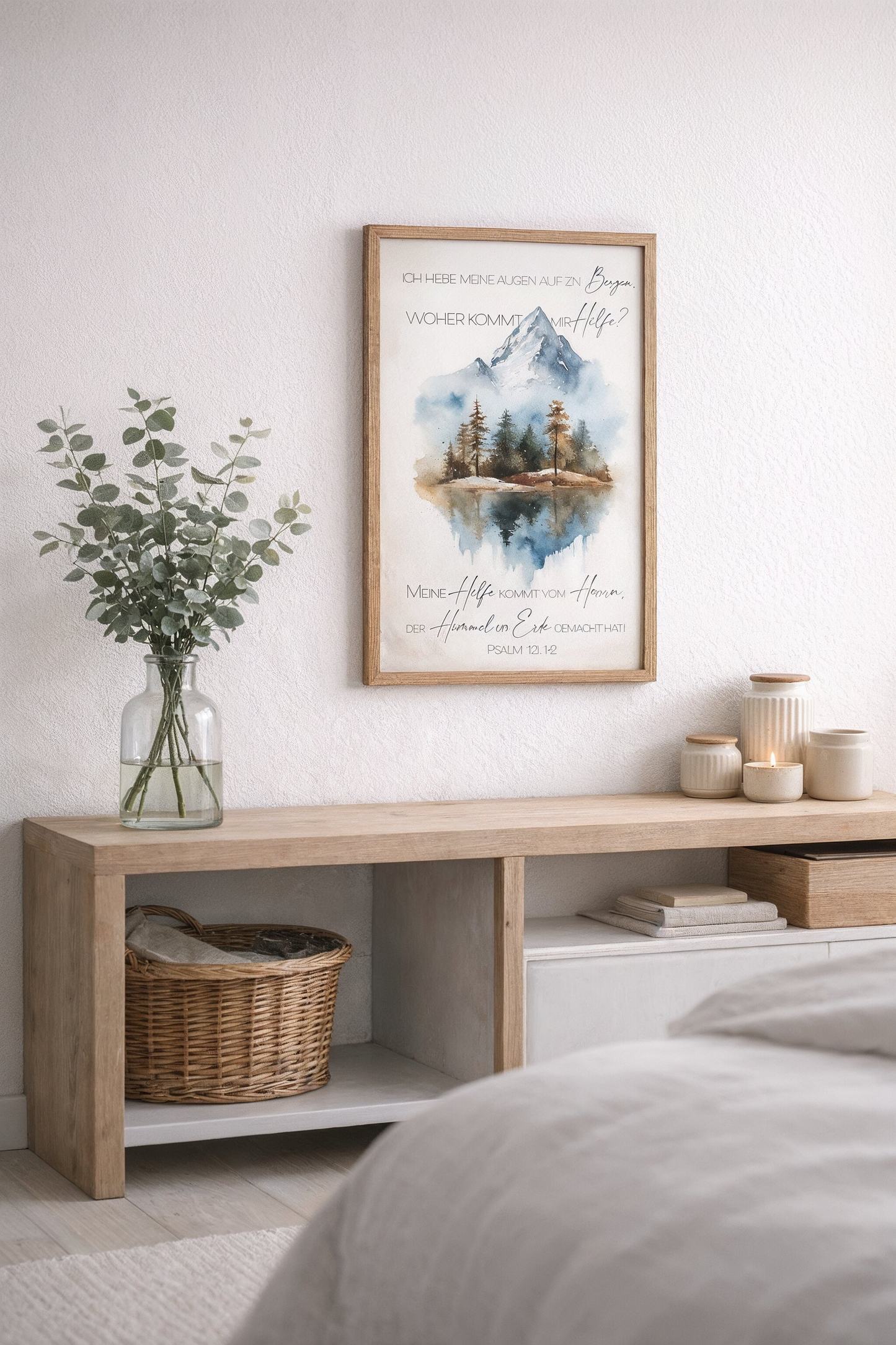Christliches Poster „Ich hebe meine Augen auf zu den Bergen - Psalm 121“ christliche Geschenkidee Bibel - Kunstdruck DIN A3 mit Rahmen